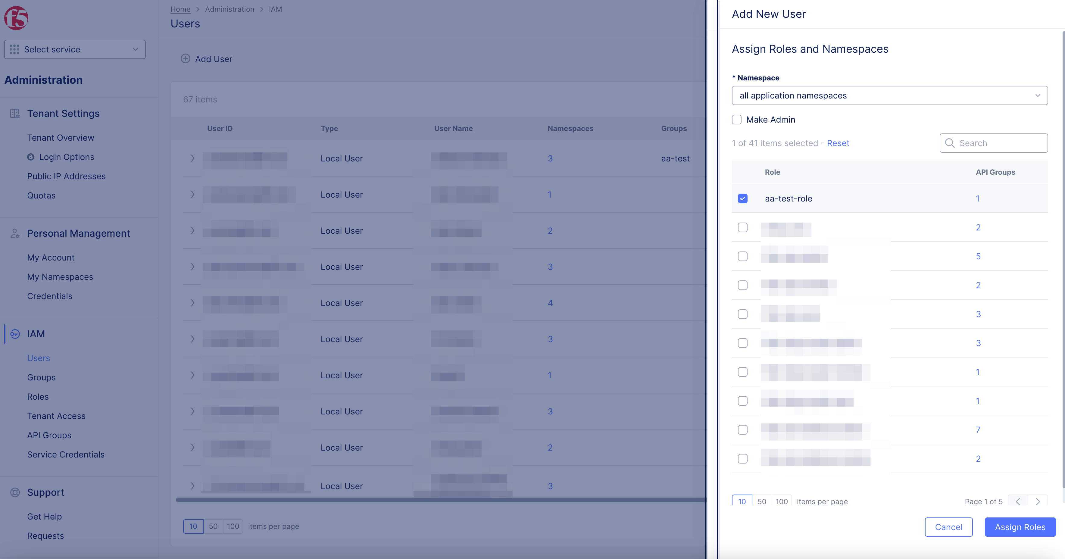 Figure: Add Roles and Namespaces